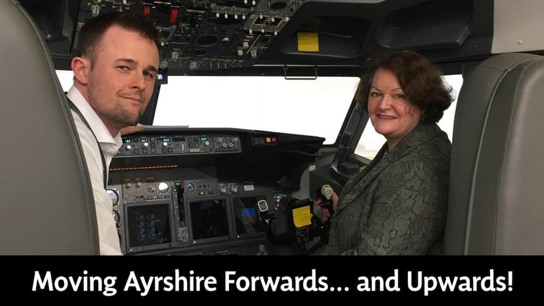 Dr Philippa Whitford, SNP MP for the Central Ayrshire constituency, sitting in a flight simulator at Prestwick Airport. The article relates to the Ayrshire Growth Deal.