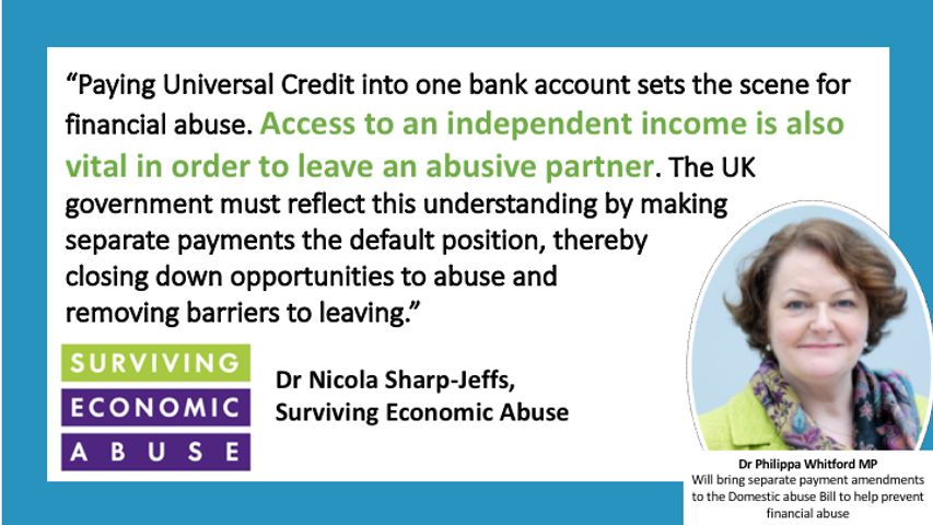 Infographic on Universal Credit and Financial Abuse quoting the charity Surviving Economic Abuse and picturing Dr Whitford